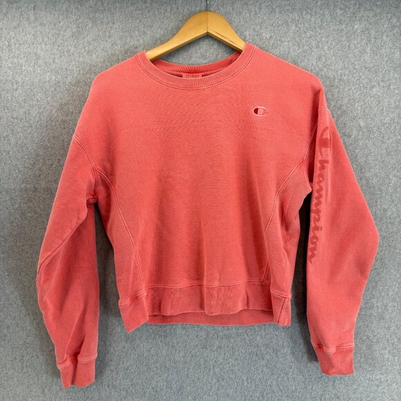 Champion Womens‎ Size Small Salmon Pink Crewneck Sweater Fleece Lined Logo Crop - Picture 1 of 15